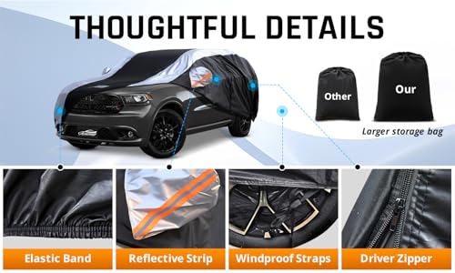 Image of Dodge Durango Car Cover Waterproof All Weather with Silver Strip Design, Custom Fit for Dodge Durango 2005-2025, Durango Accessory with Door Zipper & Windproof Straps