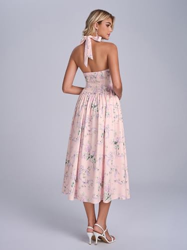 Image of Parthea Women's Floral Halter Corset Midi Dress 2026 Elegant Smocked Flowy Wedding Guest Dresses with Pockets