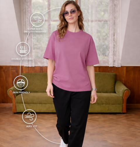 Image of SLEEPY NUTS Women Oversized T-Shirt 220 GSM Heavyweight Cotton Rich Baggy Fit Drop Shoulder Round Neck Half Sleeve