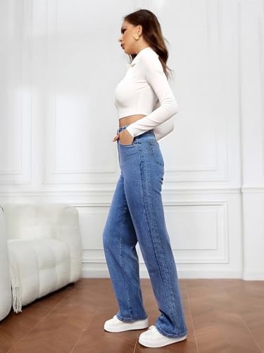 LONGBIDA Women's High Waisted Straight Leg Jeans with Tummy Control - Stretchy Denim Pants Classic Relaxed Fit4