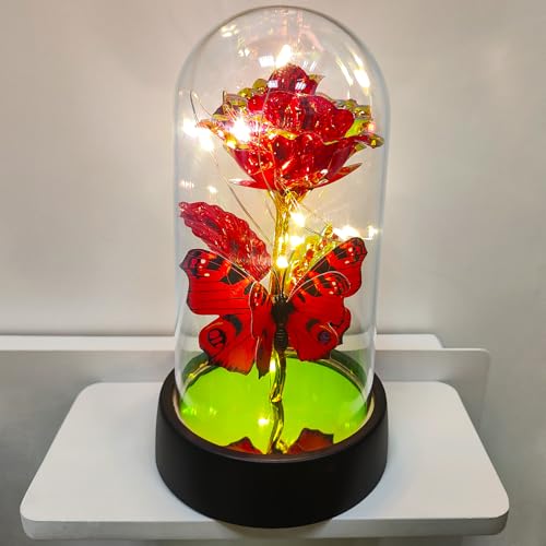 JUNQIU Mothers Day Rose Gifts for Mom, Glass Rose in Glass Dome, Light Up Flower, Galaxy Roses, Birthday Gifts for Women, Red Butterfly Flowers Gift for Mom,Sister,Her,Grandma,Wife