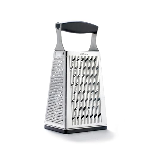 Cuisipro Stainless Steel Cheese Grater with Handle, 4 Sided Box Grater for Kitchen, Ginger Grater Dishwasher Safe, Fruit and Vegetables Slicer, Cheese Shredder for Potato, Chocolate, Parmesan, Ginger