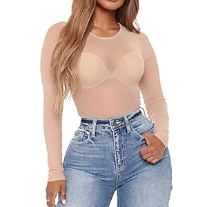 LINMON-Womens-Sexy-See-Through-Long-Sleeve-Sheer-Mesh-Tops-Blouse-T-Shirts-High-NeckCrew-Neck-Clubwear LINMON Women's Sexy Slim Mesh Sheer See Through Clubwear Stretchy Shirt Blouse Mesh Tops Mesh Crop Tops (Nude,Medium)