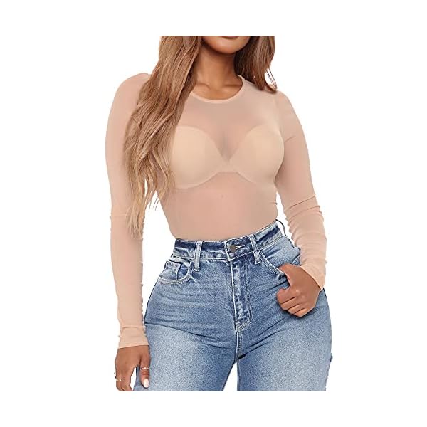 LINMON Women's Sexy Slim Mesh Sheer See Through Clubwear Stretchy Shirt Blouse Mesh Tops Mesh Crop Tops (Nude,Medium)