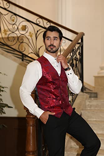 Allthemen Męska kamizelka garniturowa żakardowa Paisley jednorzędowa kamizelka sukienna dopasowana zapinana na guziki studniówkowa formalna kamizelka garnituru kamizelki, Czerwony, XL