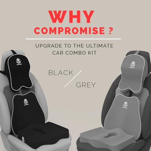 Image of Memory Foam Car Seat Cushion Combo - Backrest, Coccyx Cushion & Neckrest - Orthopedic Support for Back, Tailbone, Sciatica & Neck Pain - Ergonomic Comfort for Car, Office. (Black, Slim Backrest)