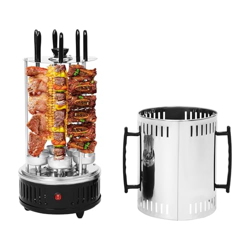 Barbacoa vertical eléctrica de 1000 W con 6 pinchos Independiente Parrilla eléctrica vertical de acero inoxidable con bandeja de gotas de aceite, parrilla vertical para barbacoas, picnics