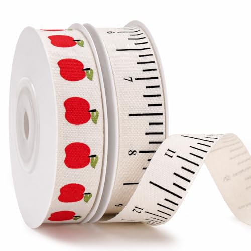 KINGLAKE Ruler Ribbon Teacher Themed - 5/8 Inch x 20 Yards Apple Natural Cotton Twill Tape Ribbon for Teacher Appreciation Week Graduation Back to School Gift Wrapping Baking Classroom Decor