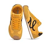 LUCKY STEP Women's Retro Tennis Fashion Sneakers Classic Casual Thin Sole Cute Comfortable Genuine Leather Trainer Ligheweight Trendy Walking Shoes(Yellow/Black,9)