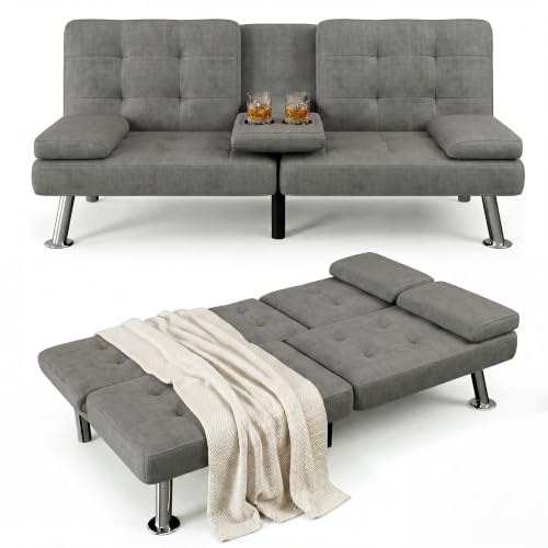 Image of Flamaker Futon Sofa Bed, Modern Linen Convertible Folding Futon Set