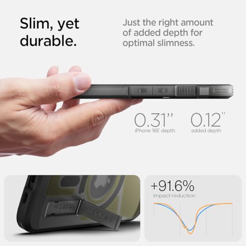Image of Spigen Tough Armor (Ai) MagFit for iPhone 17e /16e Case, Frost Black | Military-Grade Drop Protection, Tactile Button Cover, Kickstand, Compatible with MagSafe, Screen Protector Compatible