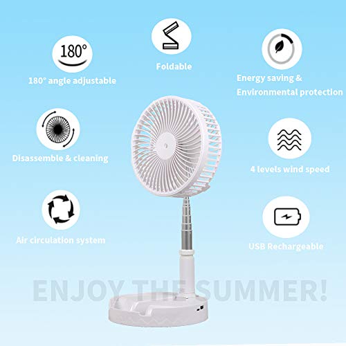 Portable Desk and Table Telescopic Fan,Height Adjustable Folding Pedestal Stand Floor Fan USB Rechargeable Air Circulator Mute Fan With 4 Speed Settings For Office,Home,Outdoor,Camping(White) - Thumbnail 6