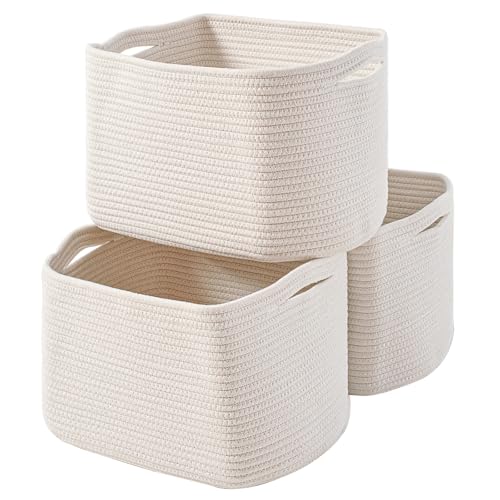 Storage Baskets for Organizing Shelves, Woven Cotton Rope Bins for Baby Nursery Organization, Book Toy Towel Organizer, 15″x11″x9.5″, 3 Packs, Off White