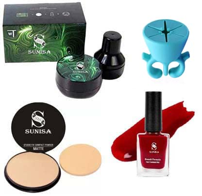 SUNISA 1 BB and CC Cream Matte, Natural Finish Foundation With Mushroom Head Air Cushion 20g and 1 Studio Fix Compact Powder with 1 Red Nail Polish With Flexible Silicone Finger Ring Varnish Wearable Nail Polish Holder Art Tips Display Stand Tool ( Set of 4)-image-11
