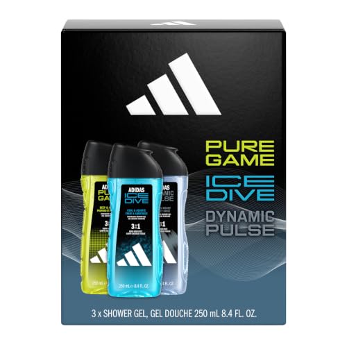 Image of adidas Giftset a Pure Game, Ice Dive and Dynamic Pulse Shower Gel (3x 250ml, 8.4fl oz.), for Him, Notes of Rosemary, Lemon, Peppermint, and Grapefruit, Men's Fragrance, Long Lasting, Sporty Fragrance
