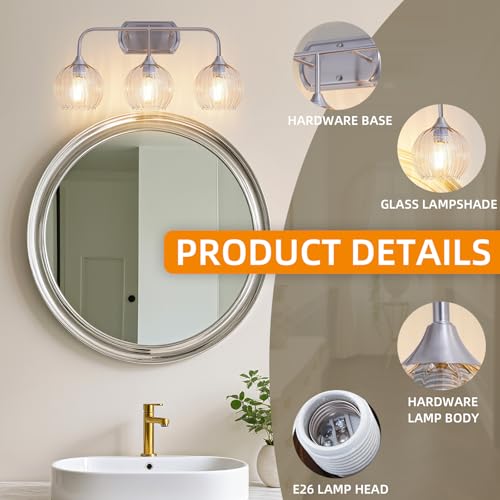 Image of MantoLite 3-Light Brushed Nickel Vanity Light,Ribbed Glass,E26 Hardwired | Bathroom Mirror Wall Lamp with Clear Glass Shade,Bathroom Light Fixtures Over Mirror ,Bulb not Included(Max 60W)