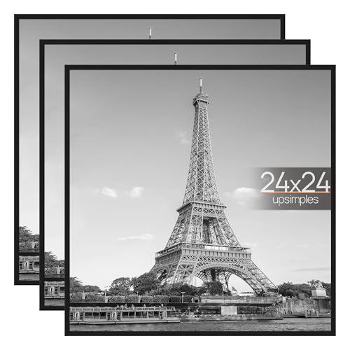 Image of upsimples 24x24 Picture Frame Black 3 Pack, Scratch-Proof Picture Frames 24 x 24 for Photo Gallery - Slide-in Strips, Horizontal or Vertical Wall Mounting