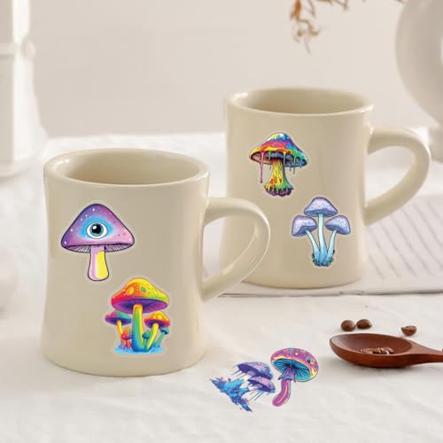 Image of 50 Pcs Mushroom Holographic Stickers for Teens- Transparent Waterproof PET Stickers for Journal, Phone Case, Cup, Laptop, Scrapbook- Ins Aesthetic Scrapbook Decorations
