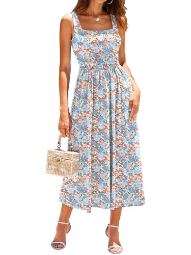 Image of Sureple Midi Dresses for Women 2026 Spring Square Neck Tank Sleeveless A Line Casual Summer Sundresses with Pockets