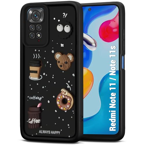 Image of TheGiftKart Back Cover Case for Mi Redmi Note 11 / Note 11s | Cute Fun Cartoon 3D Bear Coffee Case | Full Camera Protection | Shockproof Back Cover Case for Redmi Note 11 / Note 11s (Silicone, Black)