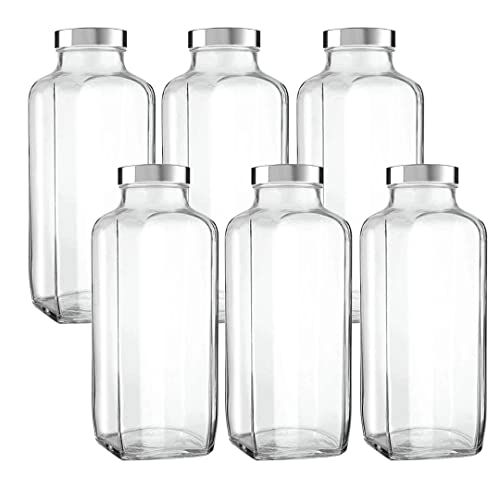 Image of Glass Water Bottle French Square 1000 ml | Food Grade Transparent Glass Bottle for Fridge, MIlk, Smoothie and Juice | Home Use Water Bottle | Set Of 6