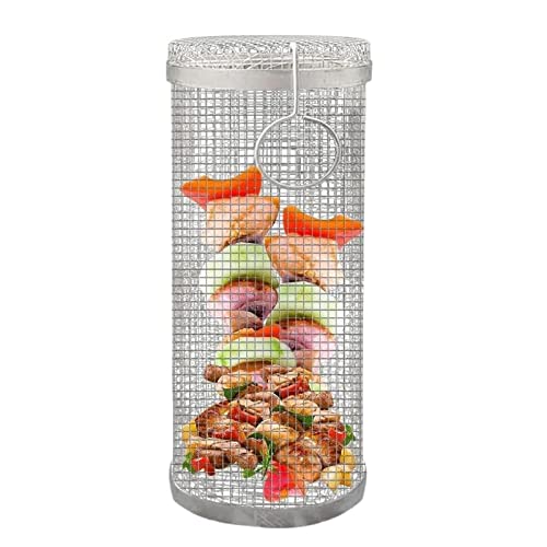 Csy Creative Rolling Grilling Basket,Outdoor Portable Wire Mesh Cylindre BBQ Grill Basket Camping Cooking Accessories Round Barbecue Rack pour Griller Les légumes Fruits de mer Viande
