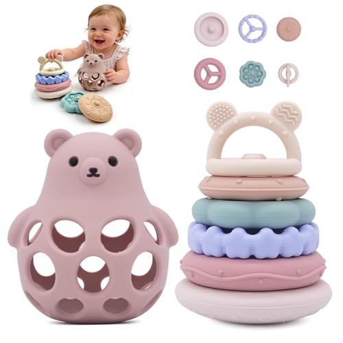 Image of Baby Silicone Stacking Toys,Soft Teething Bear Learning Toy for 6M+,Pink | Sensory Toys for Highchair,Bear Teether & Stacker Rings Toy,Baby Table Toys,Food Grade Silicon Toy,Baby Shower Gifts