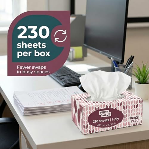 Image of Price Value Facial Tissues, Soft Facial Tissue - 8 Boxes, 230 Sheets Per Box (1,840 Total Sheets), Gentle & Durable Tissue Boxes Bulk for Home, Office & Travel (Pack of 2)