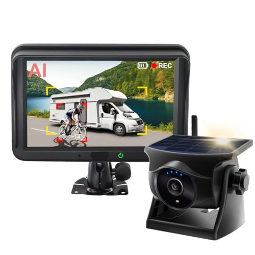 AI Magnetic Solar Wireless Backup Camera: Pedestrian & Vehicle Detection, 1-Min Install, No Wiring/Drilling, Gesture Control, Night Vision, 5" 1080P Monitor for RV, Trailer, Truck, Motorhome
