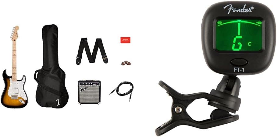 Squier by Fender Sonic Stratocaster Electric Guitar Pack, Maple Fingerboard& FT-1 Pro Clip-On Tuner, For Electric, Acoustic & Bass Guitars & Ukuleles, Black