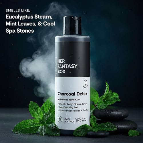 Image of Her Fantasy Box | Charcoal Detox Exfoliating Body Wash - Activated Charcoal & Pumice Deep Cleanser with Tea Tree & Eucalyptus, Refreshing Exfoliation for Smoother Skin, Vegan & pH Balanced (8 oz)