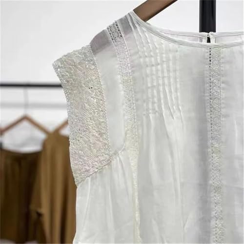 Women's Hollow Lace Patchwork Vest Pleated O-Neck Solid Color Sleeveless Vest4