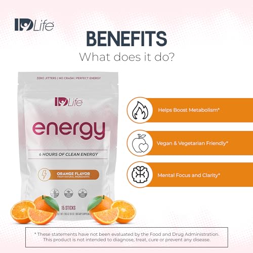 Image of IDLife - Orange Energy Drink Powder - Sustained Energy Boost for Work, Gym and Daily Use - 6-Hour Boost, No Jitters or Crash - 15 Sticks Per Bag