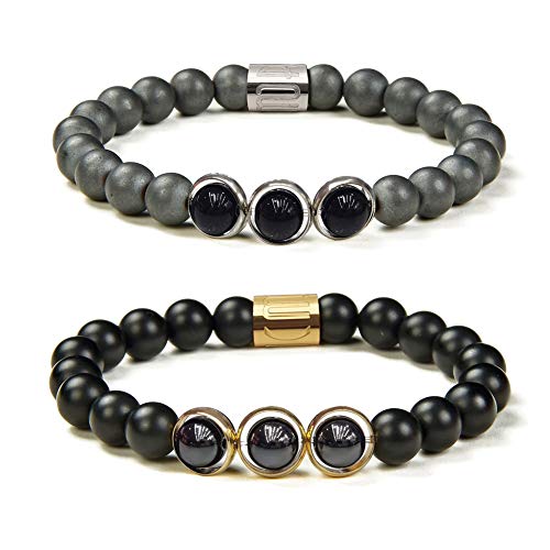 Morchic Natural Hematite Onyx 2 Pcs Energy Beaded Stretch Couples Bracelets, Womens Mens Yoga Prayer Therapy Arthritis Bangle 8mm