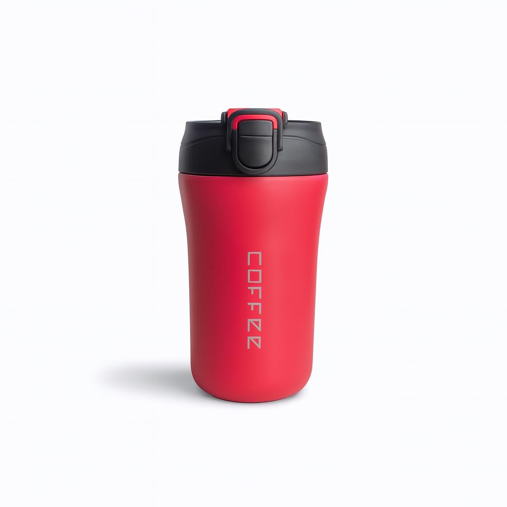 YELONA 400ML Dual Drink Vacuum Insulated Tea Coffee Tumbler Flask with Silicon Straw Lock Sip Lid Anti Spill Stainless Steel Travel Mug for Hot Cold Beverages - Red