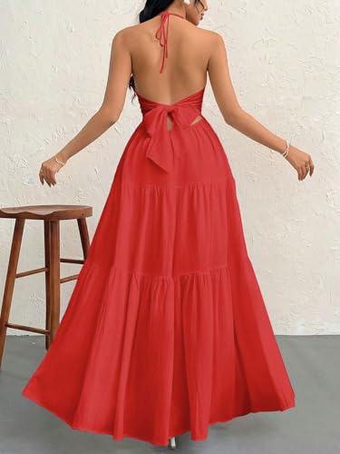 Image of Narecte Women's Maxi Summer Dresses Halter V Neck Beach Dresses for Women A-Line Casual Dress for Vacation