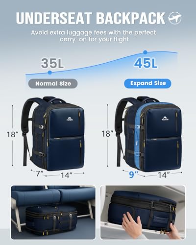 Image of MATEIN Personal Item Backpack 18x14x8, Expandable Underseat Travel Backpack | Large Carry on Bag Luggage, Shoe Compartment Removable, TSA Approved, Fit 17.3 inch Laptop, For Frontier Airlines, Blue