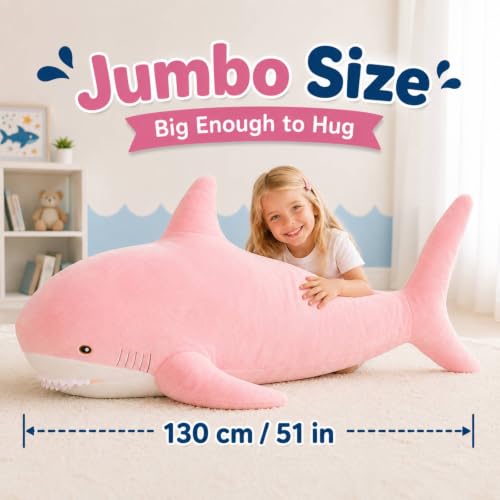 Image of MorisMos Giant Shark Stuffed Animal Plush, Large Stuffed Shark Toy, Soft Shark Pillow for Kids Boys Girls Birthday Christmas, 51inch, Pink