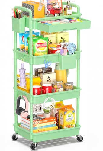 Image of SUNALLY 4 Tier Rolling Utility Cart with Drawer, Storage Organizer Cart with 2 Lockable Wheels, Multifunctional Rolling Storage Cart for Bathroom, Kitchen, Craft, Makeup, Baby Essentials, Green