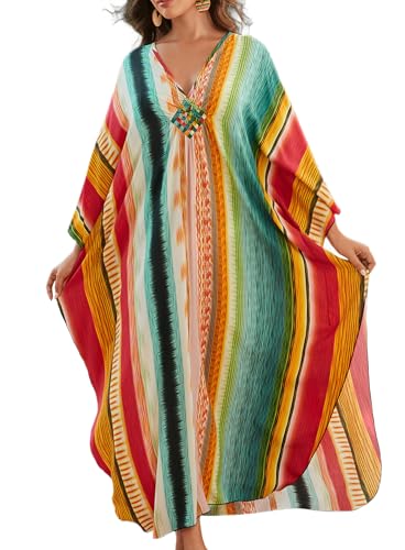 Image of Yanziliu Kaftan Dress for Women,Plus Size Hawaiian Batwing Sleeve Beach Cover Up Summer Swimsuit Dresses