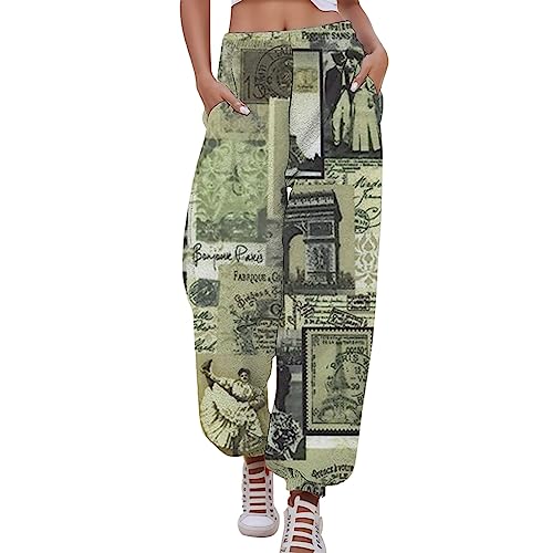 rtdgcv Grüne Hose Damen Frau Zeitungen Gedruckt Retro Bordüre Frau Freizeit Hosen Sport Freizeit Haroun Hosen Hosen Kurze Hose Damen Mit Taschen (Green, M)