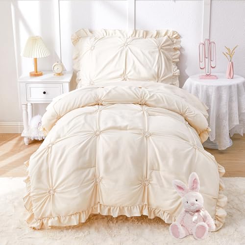 Image of Princess Toddler Bedding Set for Girls, 4 Piece Ruffles Jacquard Embroidery Toddler Bed Sheets with Boho Toddler Comforter, Fitted Sheet, Flat Sheet and Pillowcase, Beige