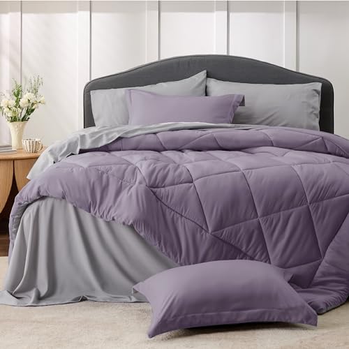 Image of Bedsure Twin XL Comforter - 5 Pieces Reversible Grayish Purple Bed in a Bag, Twin XL Bedding Comforter Set College Dorm Essentials with 1 Flat Sheet, 1 Fitted Sheet, 1 Pillowcase and 1 Pillow Sham