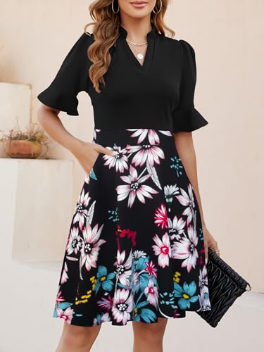 Image of Mokayee Womens Summer V Neck Ruffle Short Sleeve Fit and Flare Knee Length Church Wedding Guest Dresses with Pockets