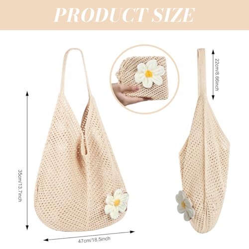 Image of PALAY Tote Bag for Woman Crochet Mesh Beach Shoulder Bags with Flower Brooch Summer Vacation Knitted Bag for Women Shoulder