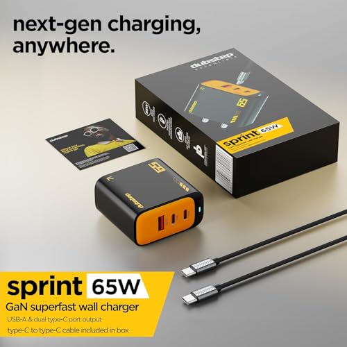 Image of Dubstep Sprint 65W GaN Superfast Wall Charger with Type-C to Type-C Cable, 65W Output Compatible with MacBook & Type-C Laptop Charging, iPhone, Samsung, OnePlus, Nothing (Black /Yellow)