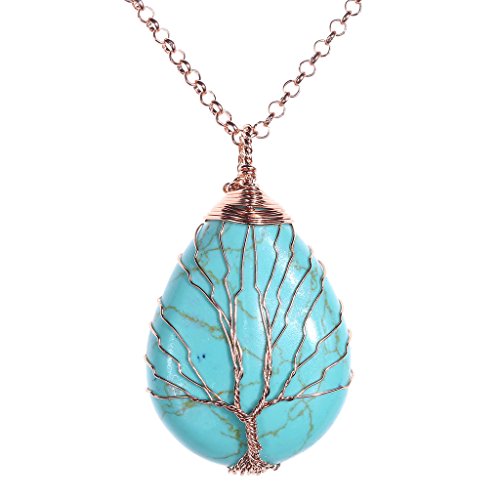 Jovivi Vintage Tree of Life Wire Wrapped Blue Turquoise Crystal Gemstone Teardrop Pendant Chakra...