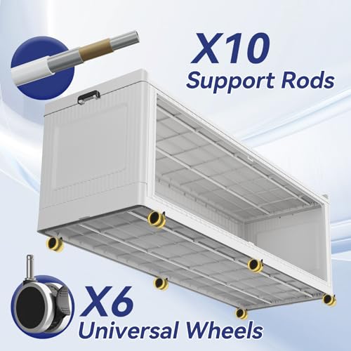 Image of 150 Gallon Extra Large Collapsible Storage Bin with Lid, 960QT Stackable Plastic Organizer with 6x Wheels, Foldable Drawer Cabinet for Closet, Living Room Office, Kitchen 3Pack, White