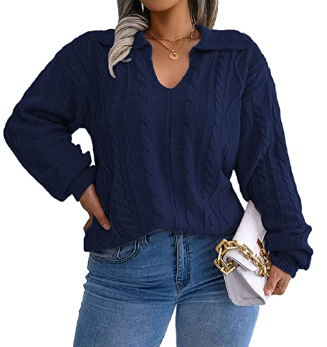 Image of Plus Size Sweaters for Women Polo V Neck Chunky Cable Knit Pullovers 1X-5X