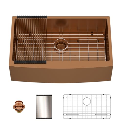 Lordear 33 inch Apron Front Farmhouse Kitchen Sink Copper Tone Bronze 16 Gauge Stainless Steel Deep...